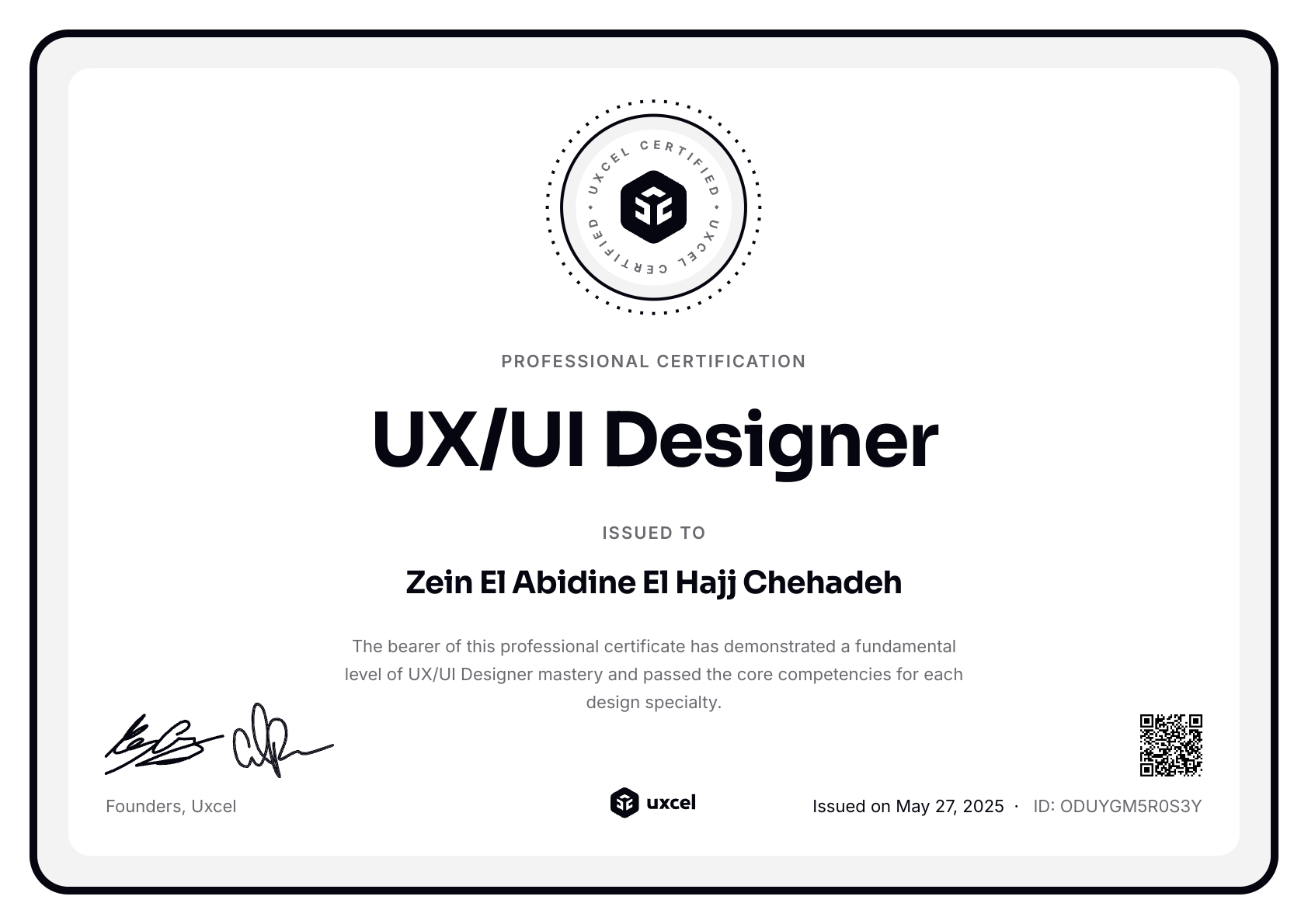 Zein El Abidine El Hajj Chehadeh's certificate